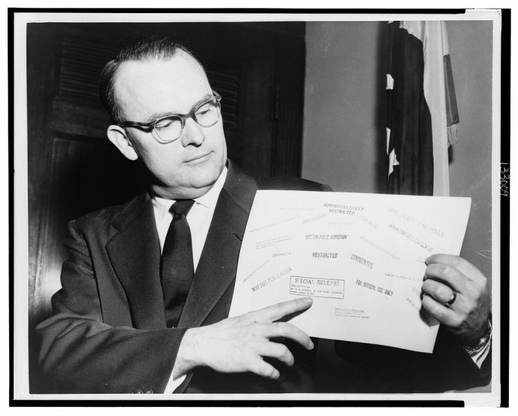 In 1958, Rep. John E. Moss (D-Calif.) displays the secrecy stamps that appear on classified government documents. / Library of Congress